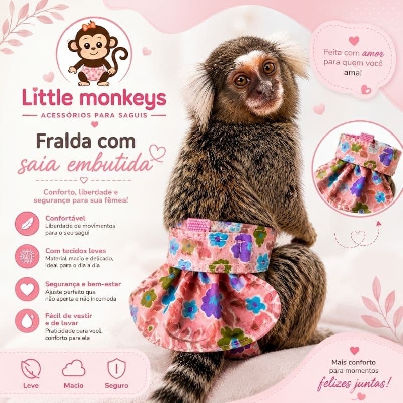 Calça plástica com saia lavável para saguis(Produto só será feito após enviar a foto do sagui)