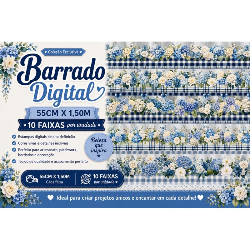 Tecido Tricoline Barrado Digital Hortencias – Pano de Prato, Patchwork, Costura Criativa 100% Alg 55cm x 1,50m