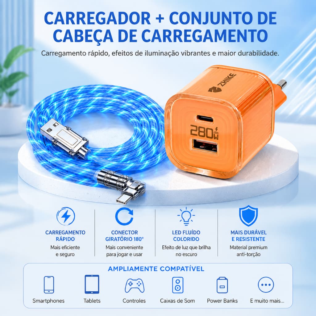 Carregador Cabo Carregamento Rápido Tipo C Micro USB V8 iP 1M Rotação de 180° LED Streamer Com Adaptador GaN