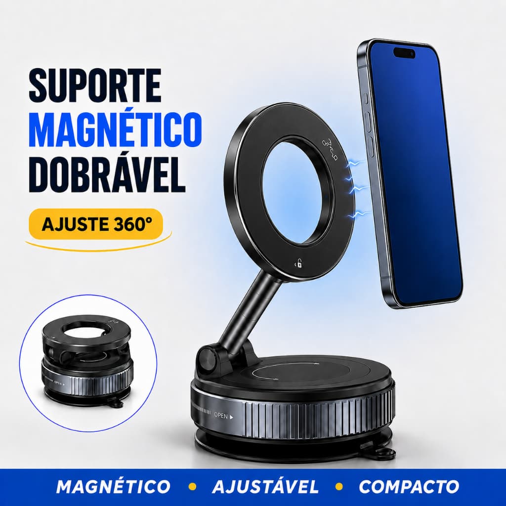 Suporte Magnético para Celular de Carro, Base por Vácuo 360° Ajustável, Uso Universal para Veículo e Mesa