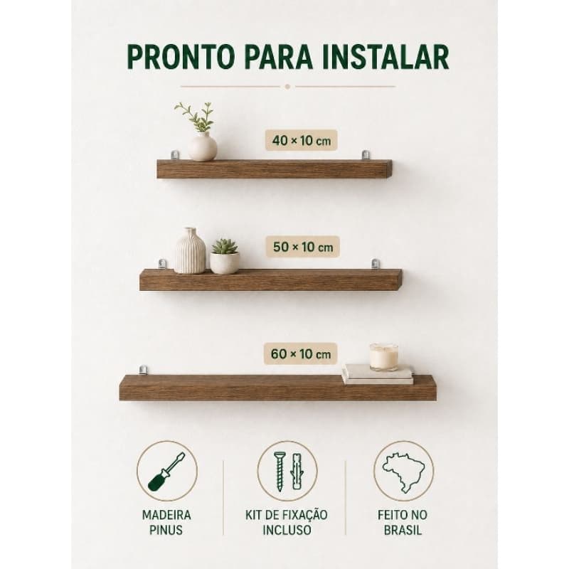 Kit 3 Prateleiras de Madeira Pinus com Suportes para Parede Natural ou Envelhecida