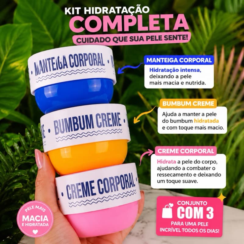 Kit Hidratação Corporal 3 Peças Original Plus Manteiga Corporal Bumbum Creme Creme Hidratante Pele Macia
