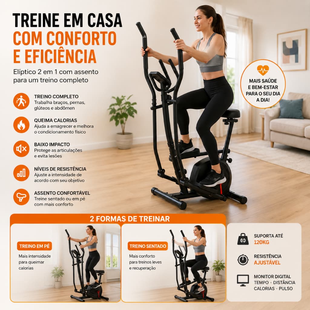 Elíptico Magnético, Bicicleta Ergométrica com Monitor Digital, Aparelho de Exercício para Casa