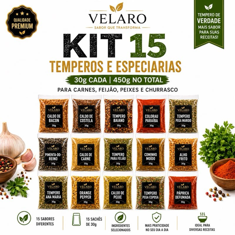 Kit 15 Temperos e Especiarias 30g Cada 450g para Carnes Feijão Peixes e Churrasco Velaro (kt07)