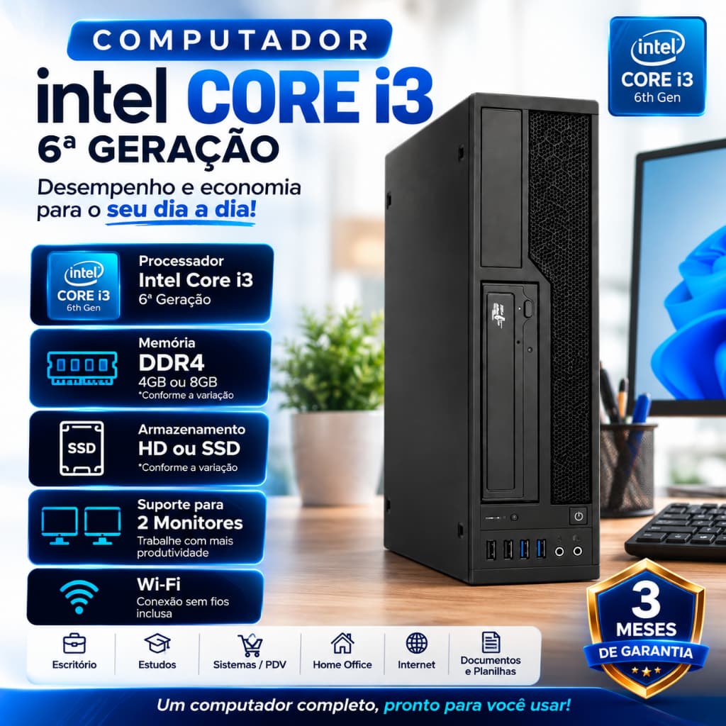 Computador Master Usado - Intel Core i3-6ª Geração, 4GB/8GB DDR4, SSD - Windows, Office, Pronta pra Uso!