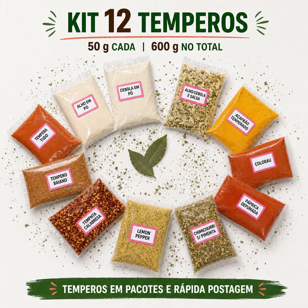 Kit 12 Temperos e Condimentos Naturais 50g Cada 600g Completo Para Cozinha