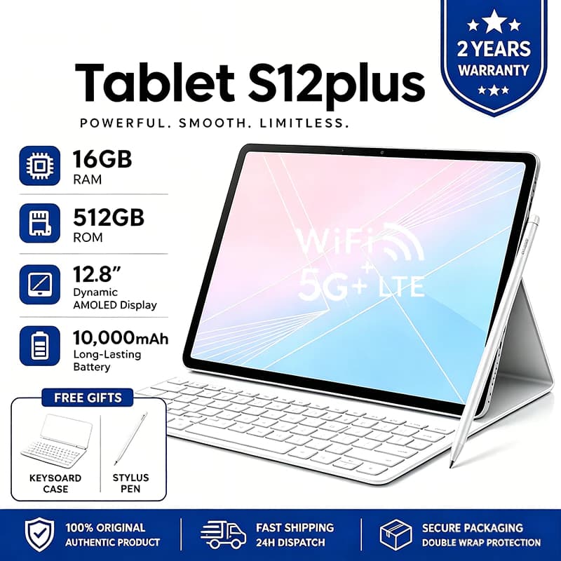Tablet S12 Plus -12.8 inch 16GB+512GB Android 15 10000mAh Ideal para Estudos e Jogos Combo com Teclado e Mouse