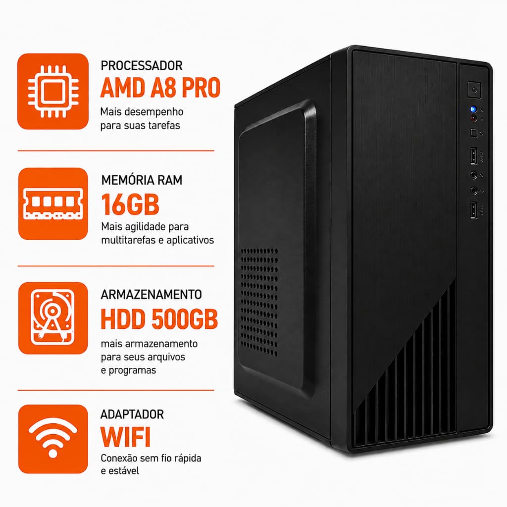 Desktop Novo Computador AMD A8 Pro 16Gb Ram Ddr3 HD 500Gb Cpu Torre Com Wifi Cabo De Força