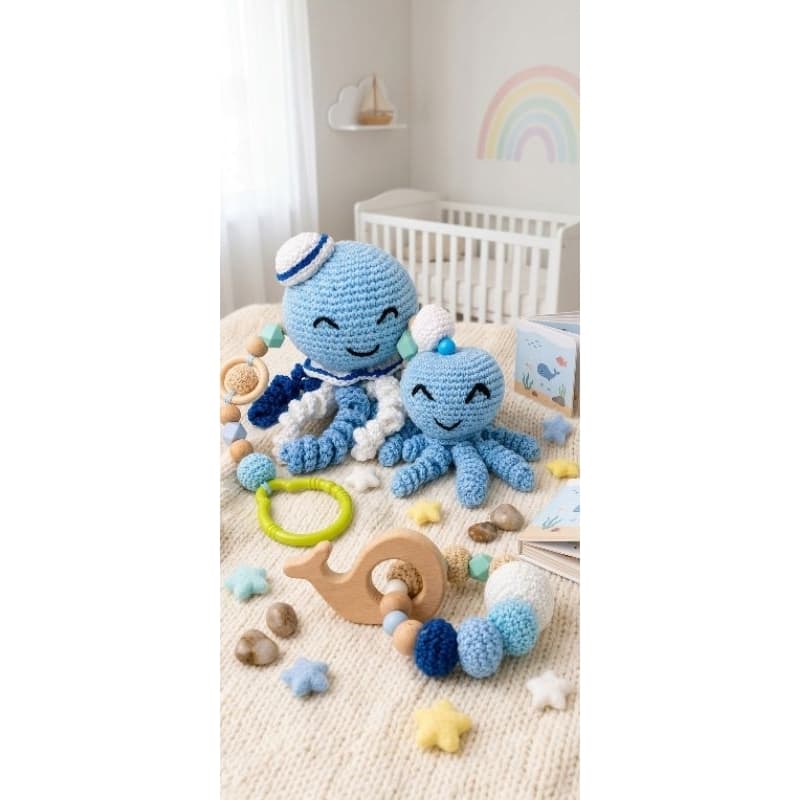 ​Kit Maternidade Amigurumi Polvo de Crochê + Mordedor de Madeira para Bebê