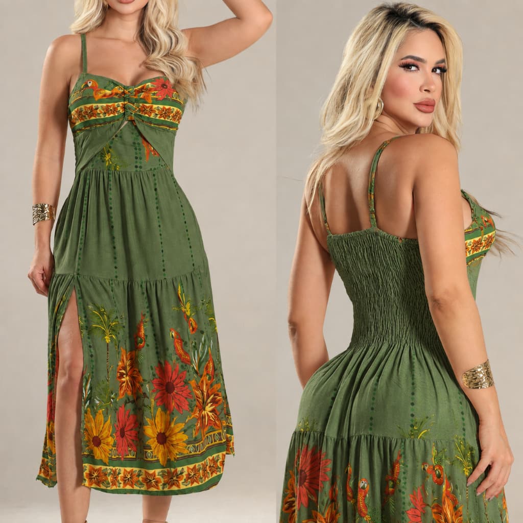 Vestido Feminino Midi Estampado Verão Alças Reguláveis Moda Festa Casual Elegante Fenda Lateral
