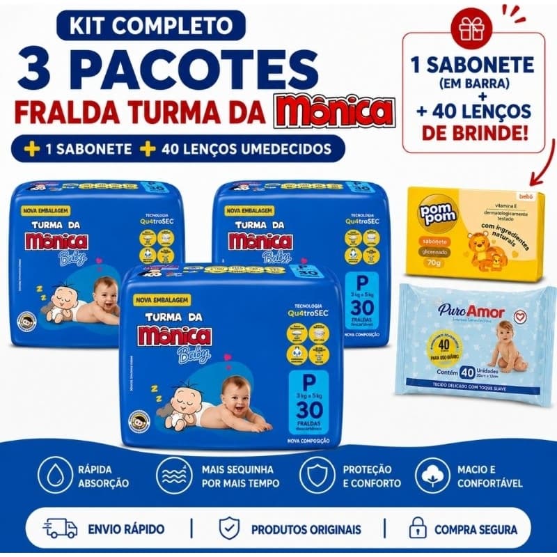 Kit 3 Pacote de Fralda Descartavel Turma da Monica + Sabonete Infantil