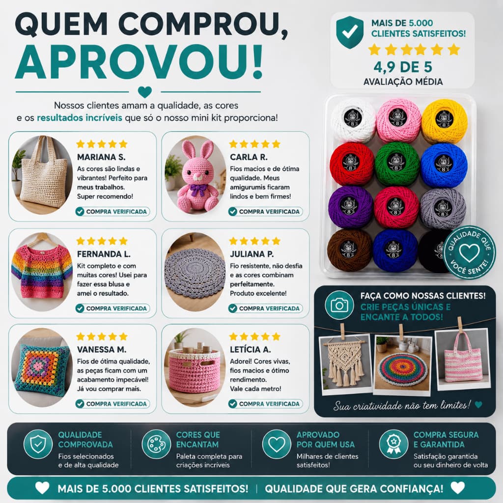 Kit 12 Linhas para Crochê 40 Metros 100% Algodão Cores Variadas Artesanato Tricô Bordado Costura -MN
