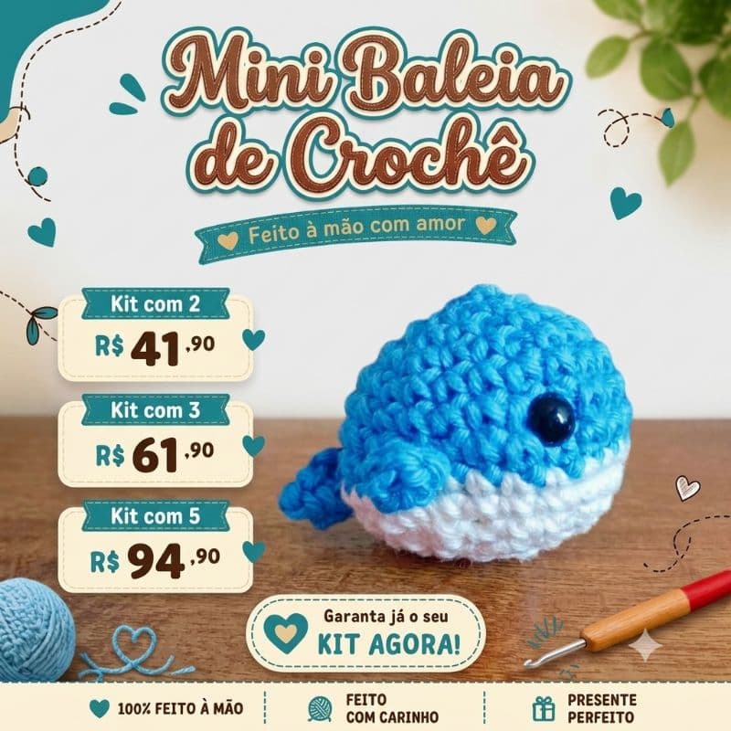 Mini Chaveiro Amigurumi Baleia em Crochê Artesanal Kit 2, 3 ou 5 Unidades
