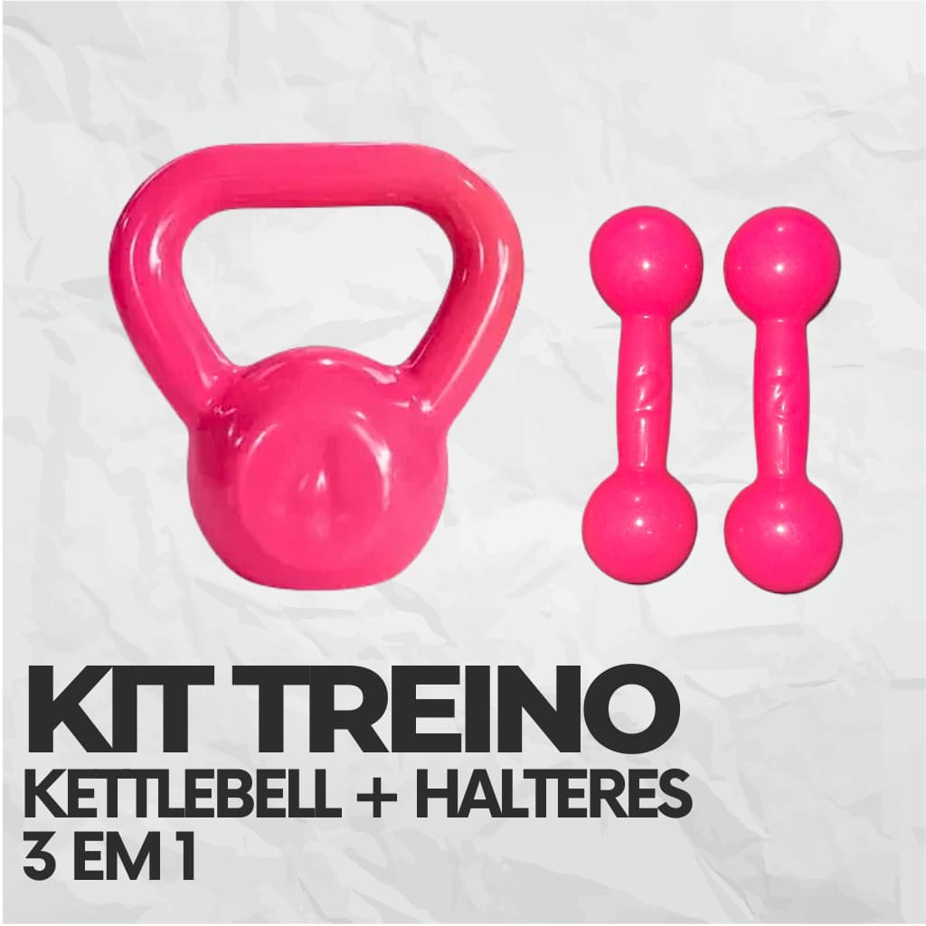 Kit Academia Halteres e Kettlebell Rosa 3 em 1 6kg a 12kg Academia em Casa Musculação Treino Fortalecimento