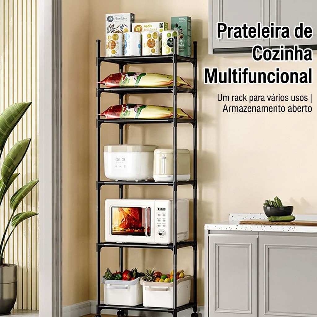 Estante de Cozinha 6 Andares em Aço com Rodinhas Organizador Multiuso para Casa Cozinha Banheiro Quarto e Sala