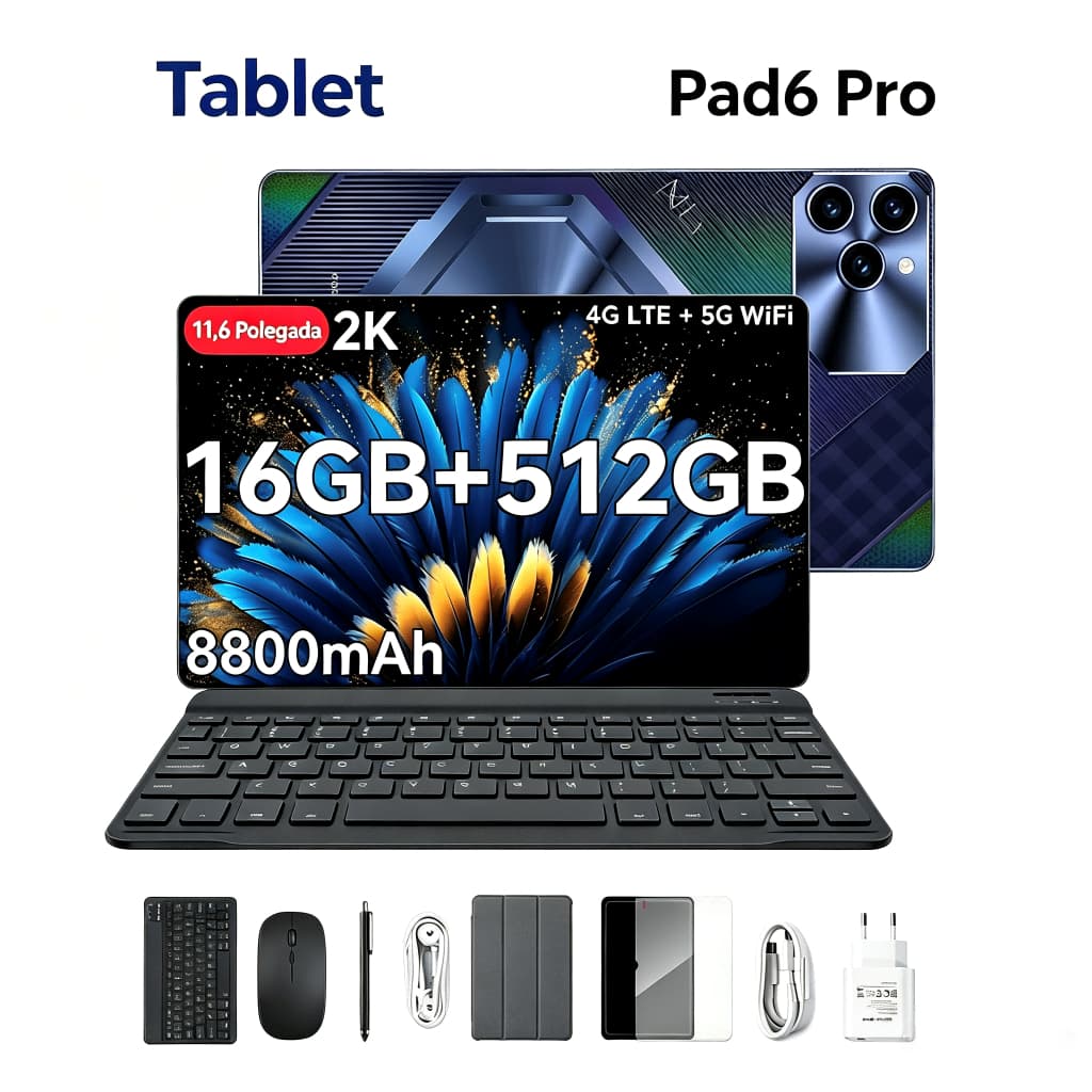 Tablet 11,6" Android 15 16GB+512GB Dual‑Chip Câmera 48MP Wi‑Fi 5G Bateria 8000mAh