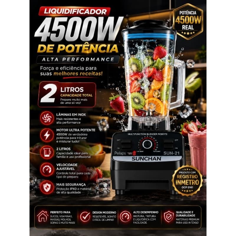Liquidificador Potente 4500W 2 Litros 127V Alta Performance Tritura Gelo Frutas Lâminas em Aço
