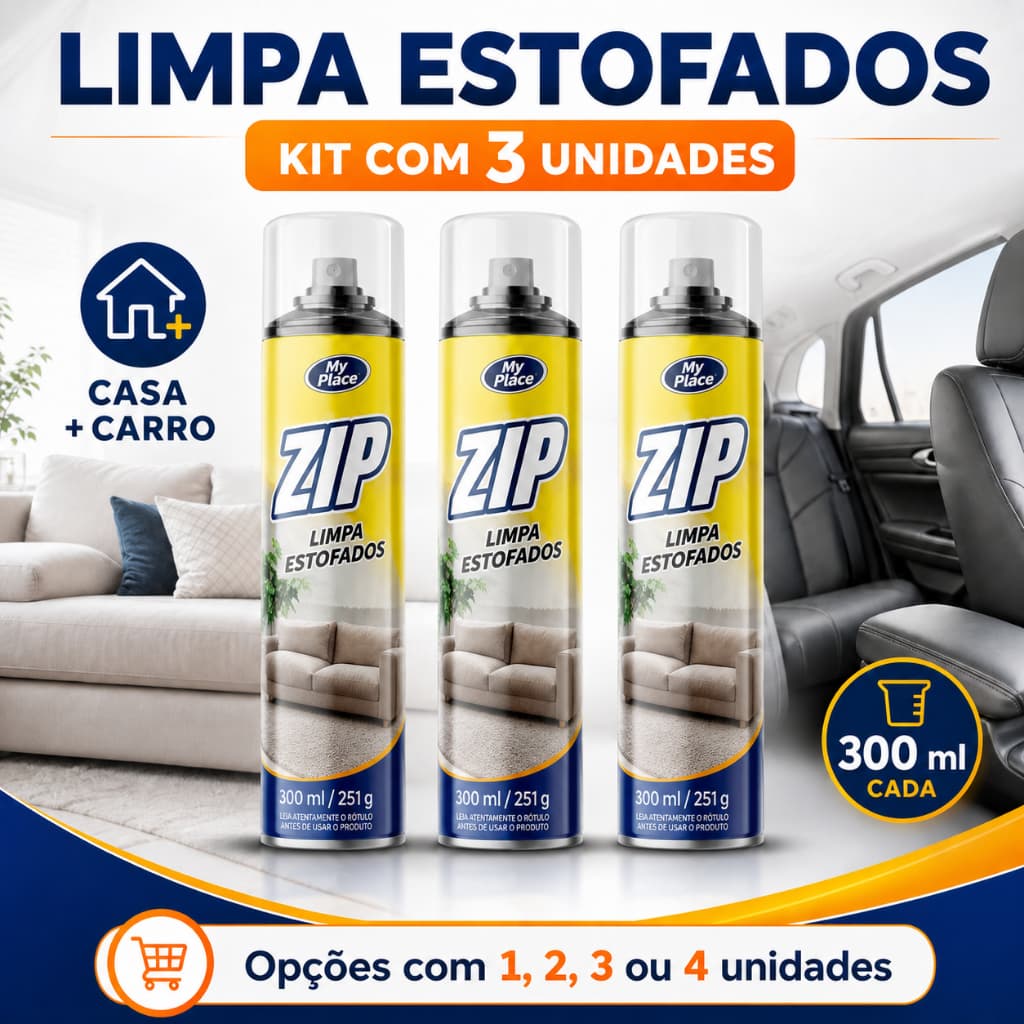 Kit Até 4 Limpa Estofados Espuma Spray Zip Clean 300ml Sofá Banco de Carro Tapete Limpeza Profunda