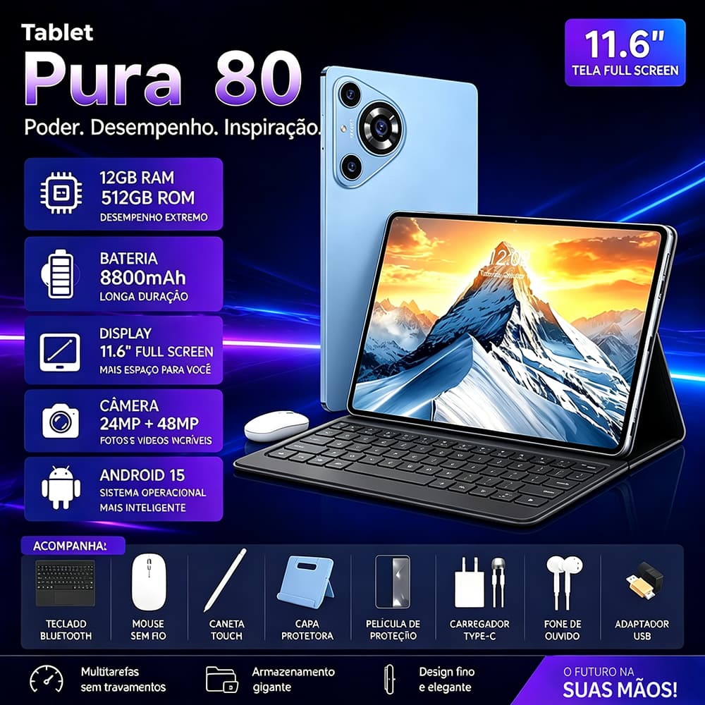 Tablet Galaxy Pura 80 11.6" 12GB+512GB Android 15 10 Core Bateria 8800mAh Câmera 48MP + 24MP Teclado Mouse Inclusos Wifi