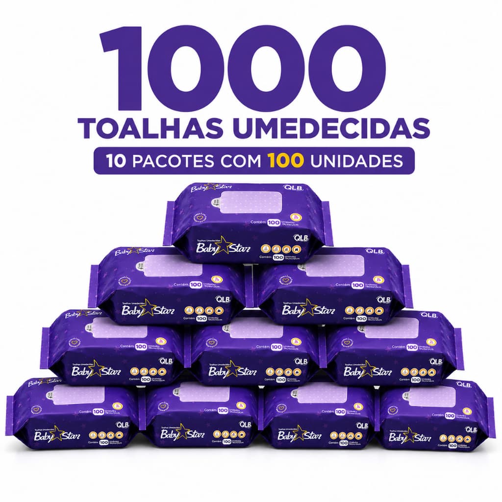 Caixa com 10 Lenços/Toalhas Umedecidas Baby Star Roxa c/ 100 Unidades Cada – Sem Tampa FlipTop