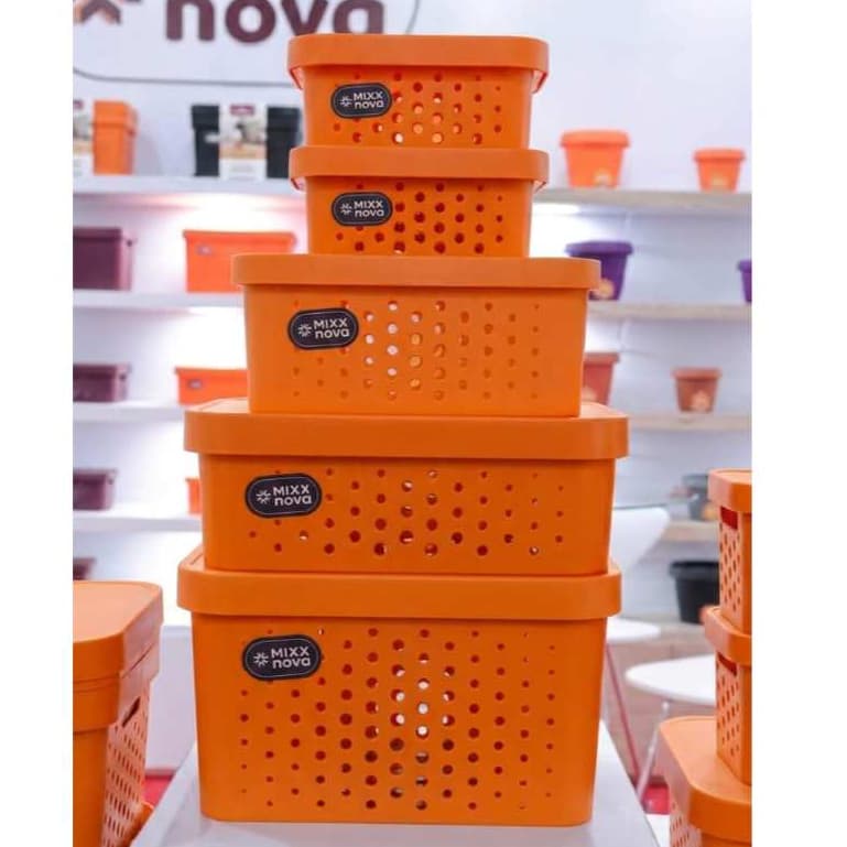 Kit 5 caixa organizadora com tampa laranja cesto organizador sala escritório quarto cozinha lavanderia Mixxnova