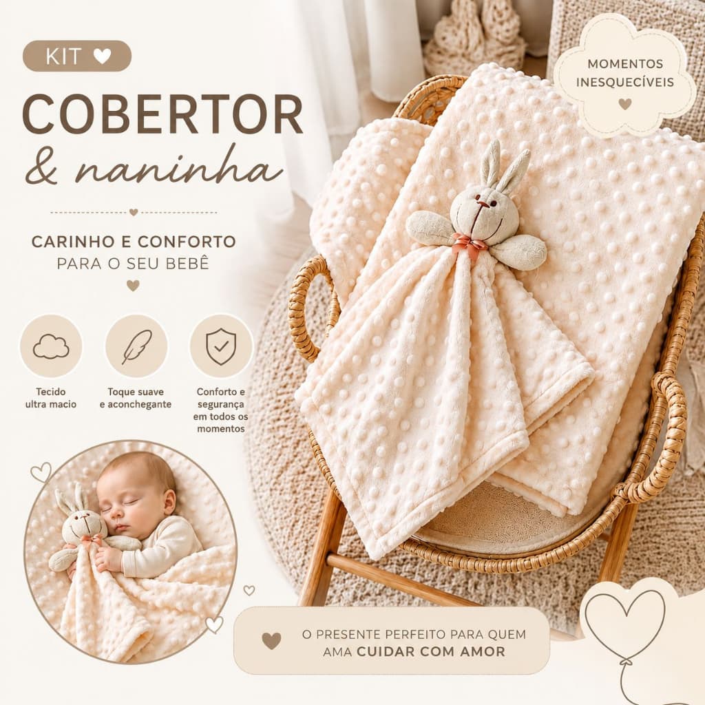 KIT MANTA COBERTOR + NANINHA MENINO MENINA NEUTRO ENXOVAL BEBÊ 1X1M ANTIALÉRGICO CONFORTO MANTA MACIA RN VÁRIAS CORES
