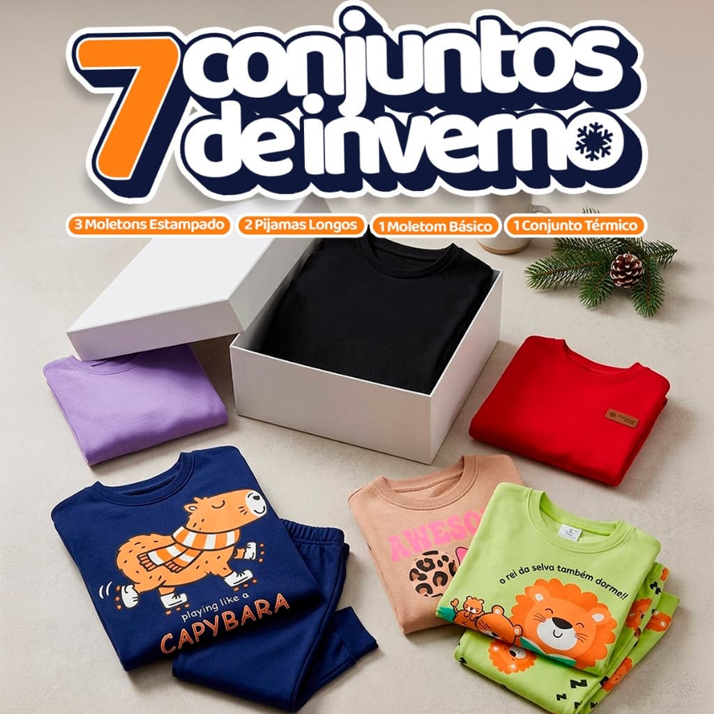 Box Liquida Inverno Infantil - 3 Moletons Estampados + 2 Conjuntos Pijama Longo + 1 Moletom Básico + 1 Conjunto Térmico