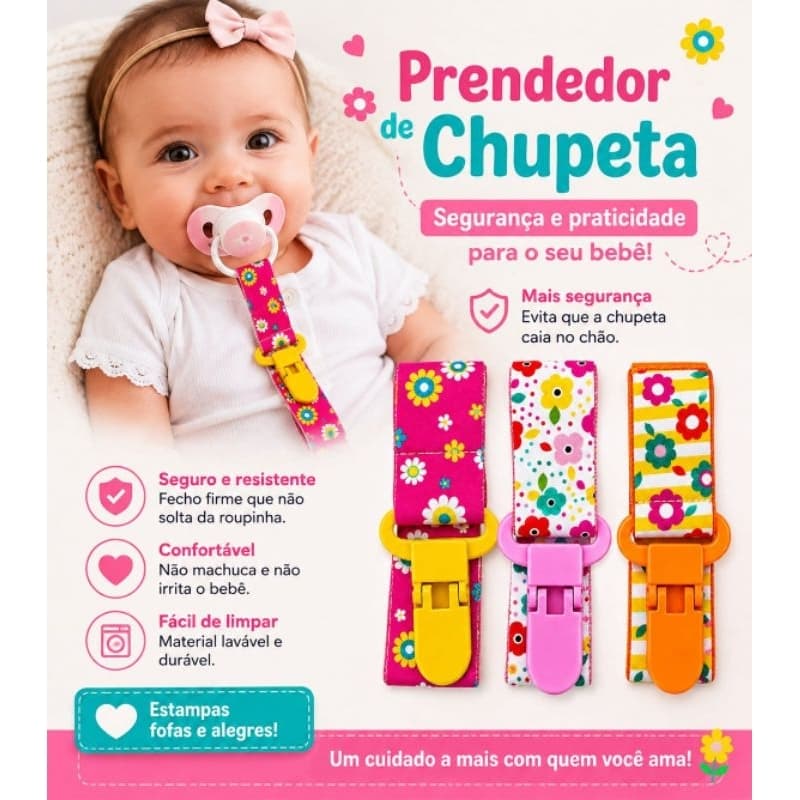 3 Prendedor cordinha de chupeta ALK Baby bico bebê menina modelo Florzinha