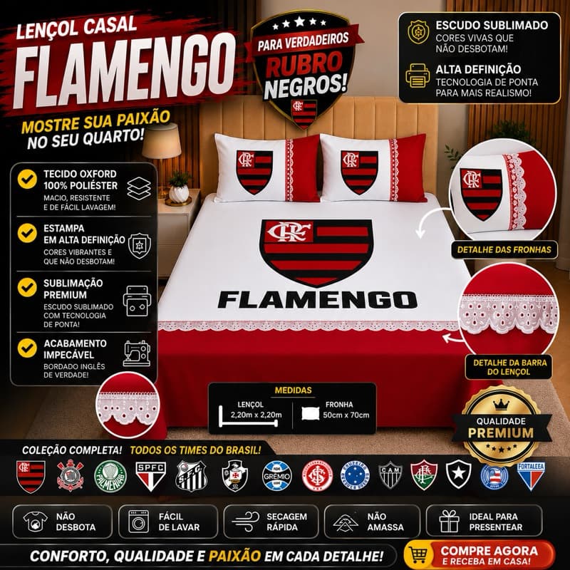 KIT Jogo de Lençol Casal Time Brasileiro 2,20x2,20 + 2 Fronhas 50x70 Oxford Cama Casal