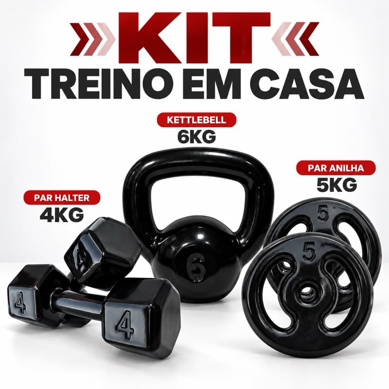 Kit Academia Completo Kettlebell 6kg + Halteres 4kg + Anilhas 5kg Treino Musculação