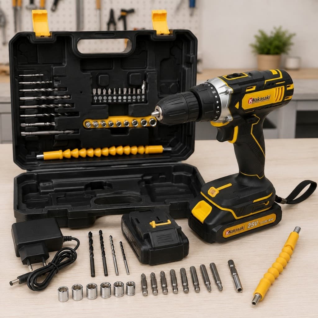 Parafusadeira Furadeira 25V Nakasaki Sem Fio a Bateria Profissional Kit Completo com Maleta