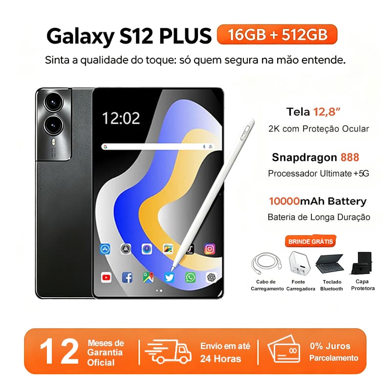 Tablet Galaxy S12 Plus 16GB+512GB Android 15 Tela FHD 12,8" 10000mAh Trabalho e Entretenimento