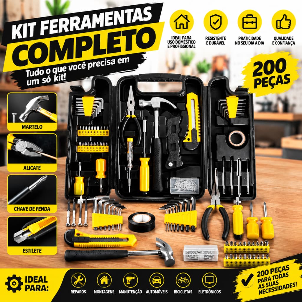 Kit Jogo de Ferramentas Completo Maleta com 200 Peças