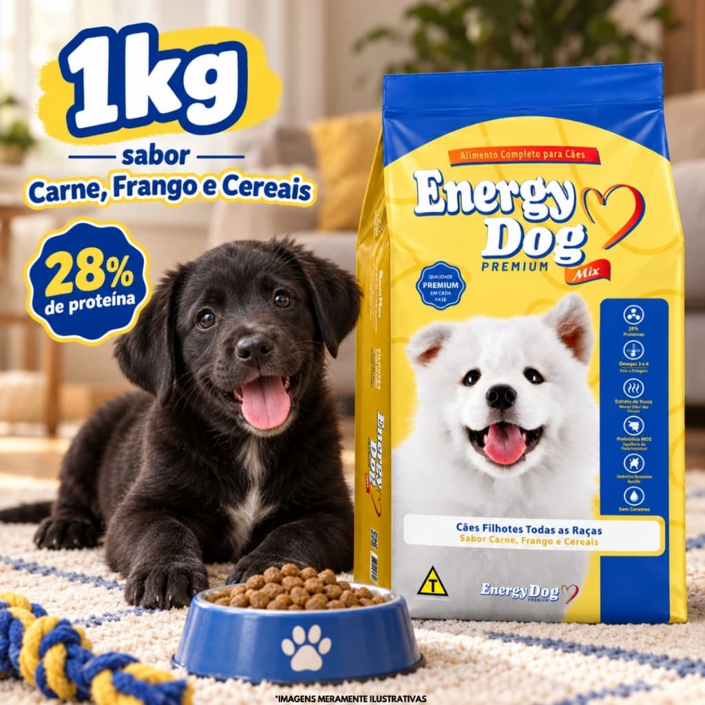 Ração para Cachorro Filhote Energy Dog Premium Mix 1kg Todas as Raças Carne Frango e Cereais