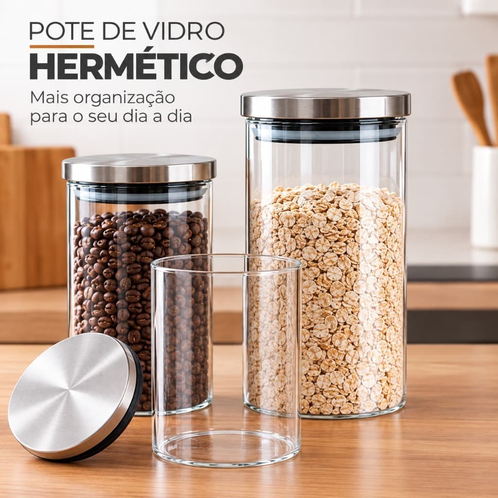 Kit Potes em Vidro Borossilicato C/ Tampa de Inox para Mantimentos, Temperos, Café, Grãos, Cozinha Organizada