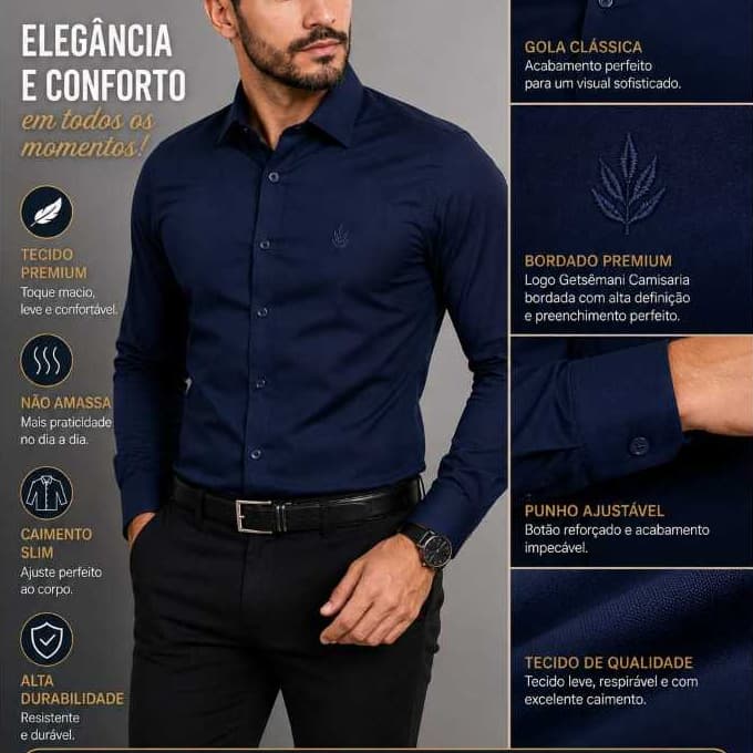 Camisa Social Alfaiataria Slim Masculina Manga Longa Azul Marinho Poliester e Elastano