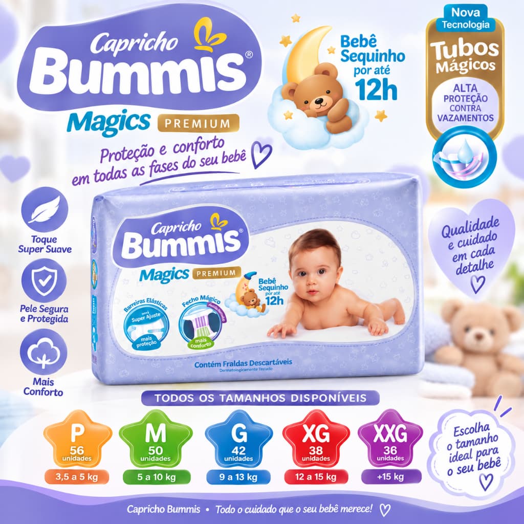Fralda Capricho Bummis Mega Pacote – Todos os Tamanhos P, M, G, XG, XXG – Conforto e Alta Absorção