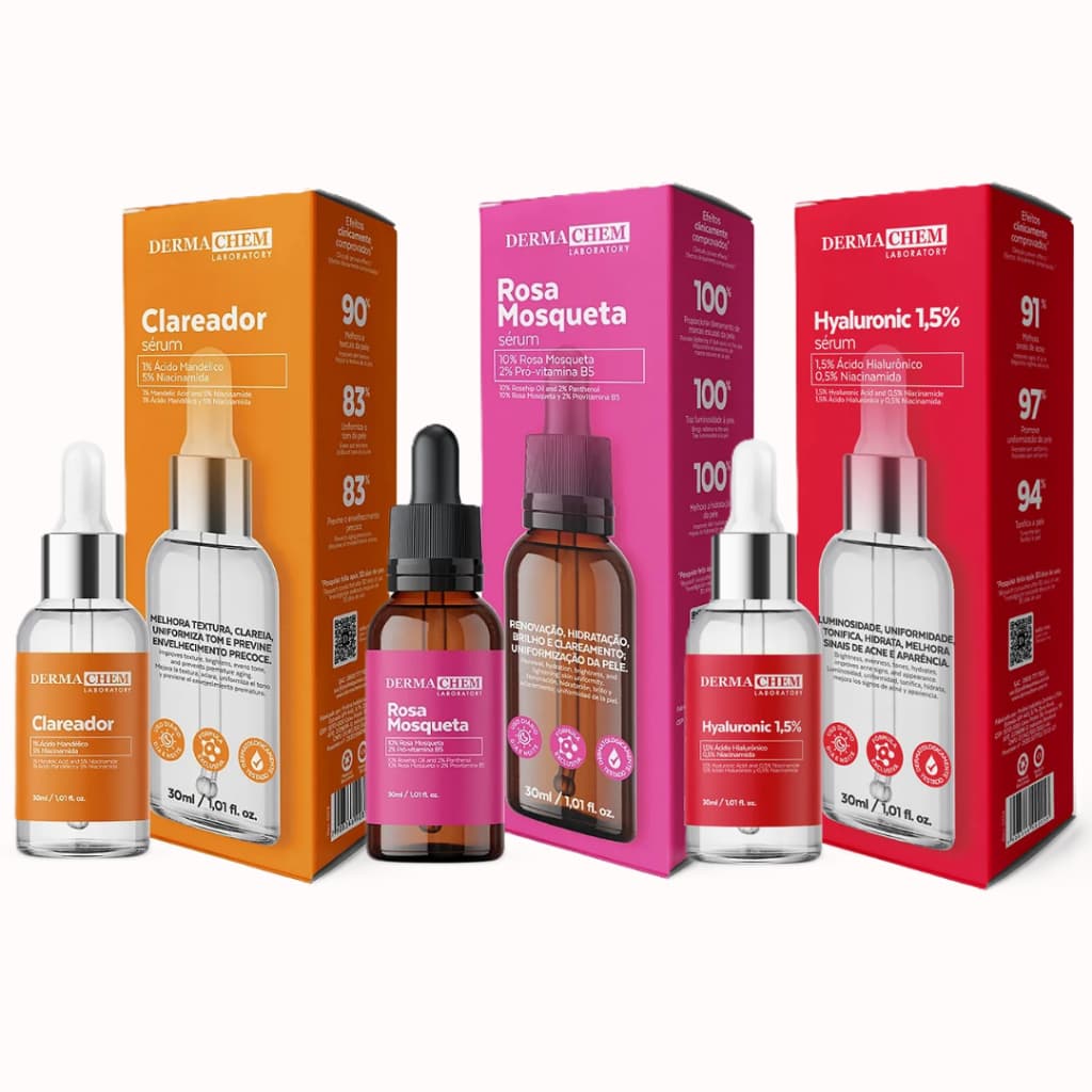 Kit Skincare 3 Sérum Rosa Mosqueta, Vitamina C, Clareador de Manchas Facial Anti Idade