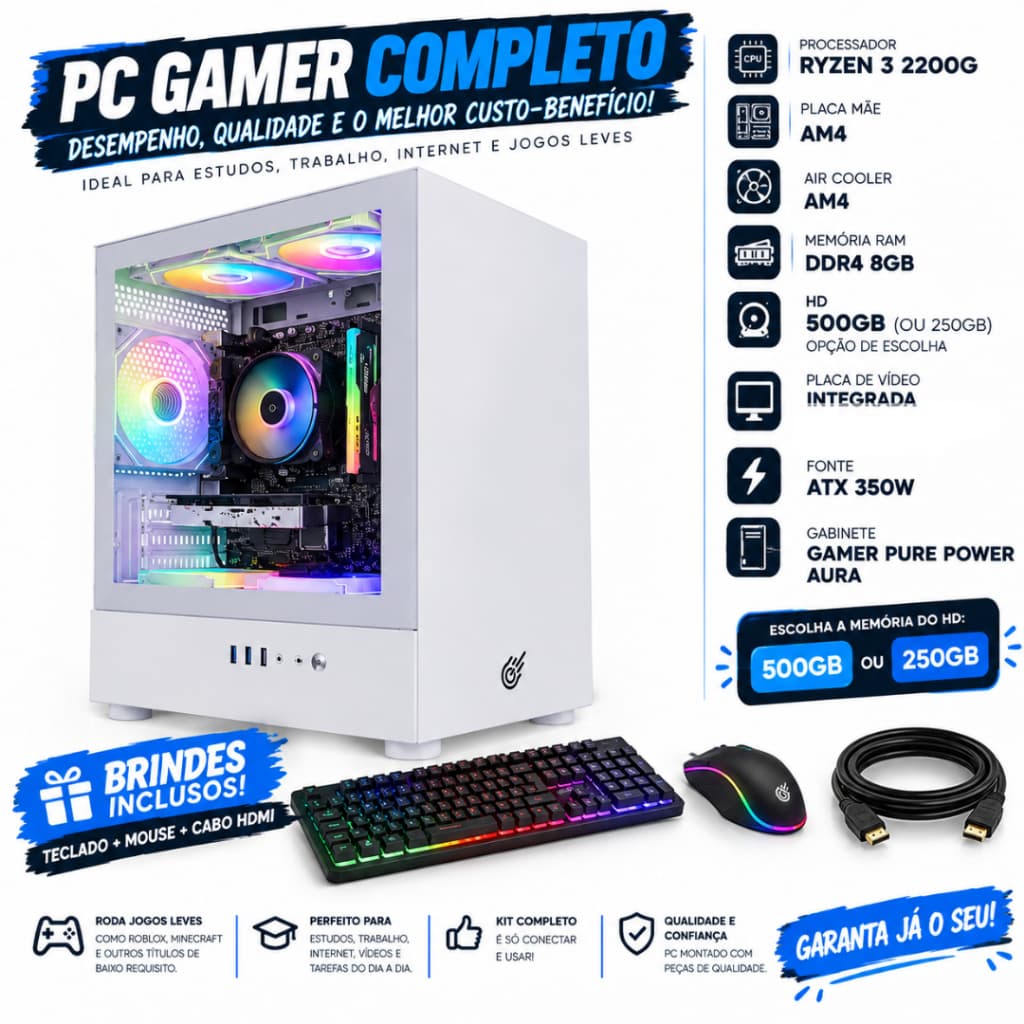PC GAMER RYZEN 3 2200G | 8GB DDR4 | HD 500GB - Computador Completo para Jogos, Estudar, Trabalho, Office
