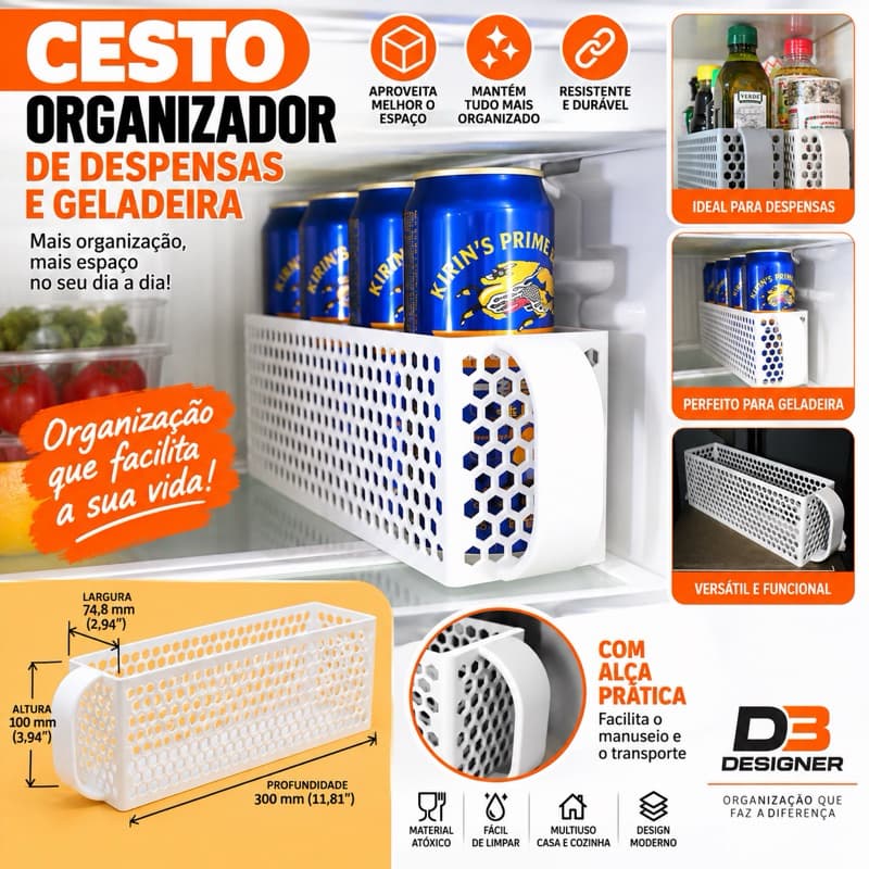 Cesto Organizador para Geladeira e Despensa com Alça 30cm – Organizador Multiuso para Cozinha