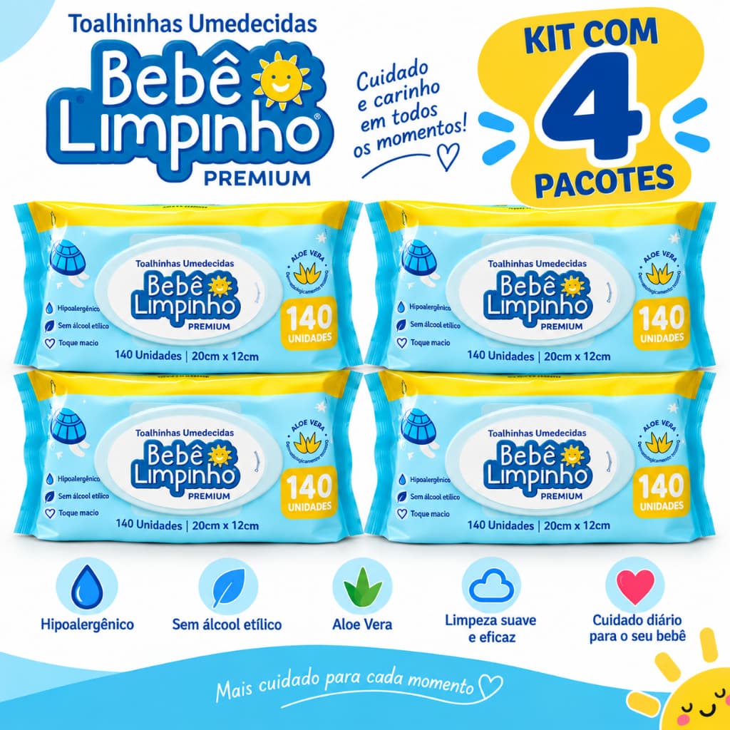 Kit 3 e 4 Pacotes Toalha Umedecida Bebê Limpinho Cimed 140 Unidades – Lenço Umedecido Infantil Suave Hipoalergênico