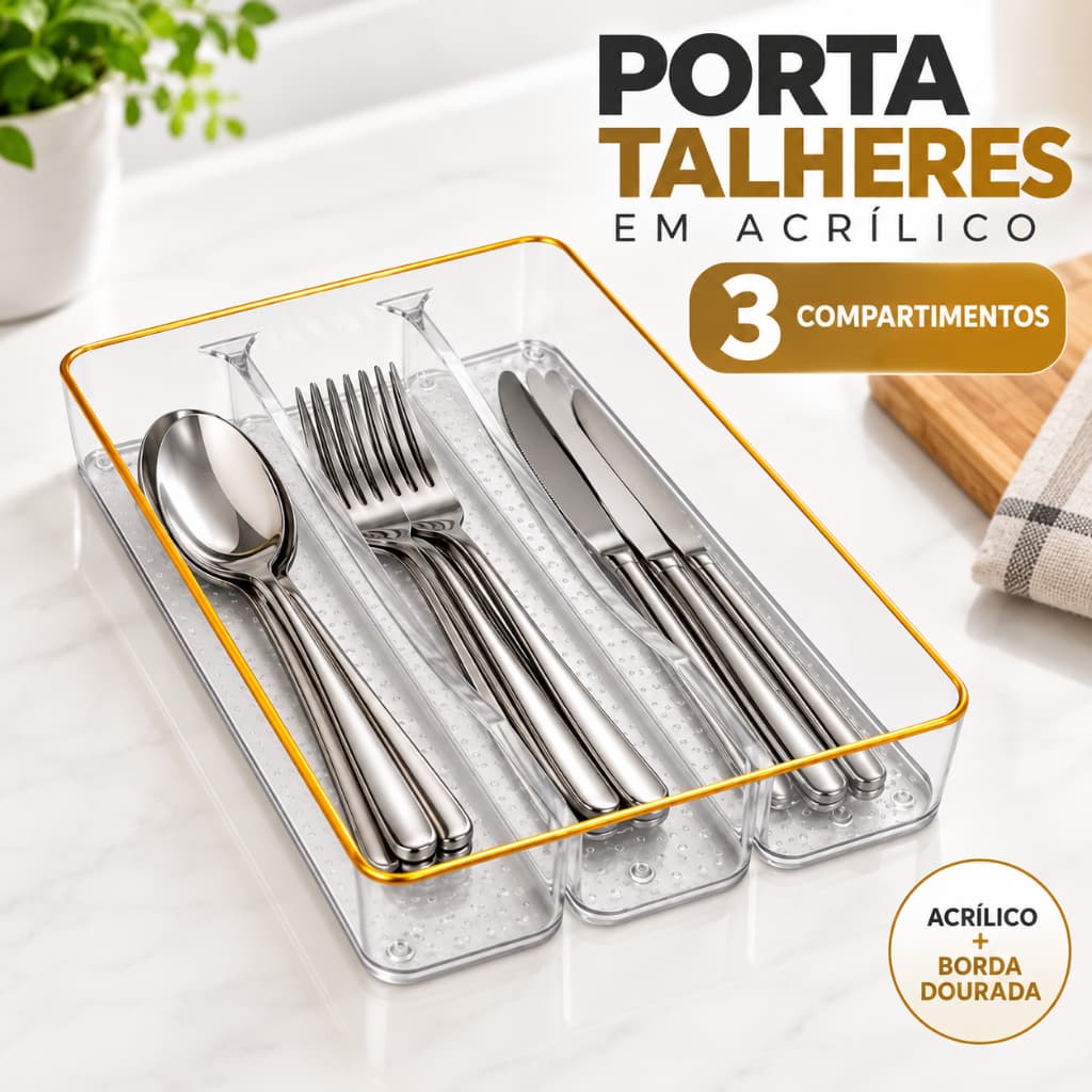 Porta Talheres Organizador de Gaveta Cozinha Acrílico Transparente 3 Compartimentos Borda Dourada