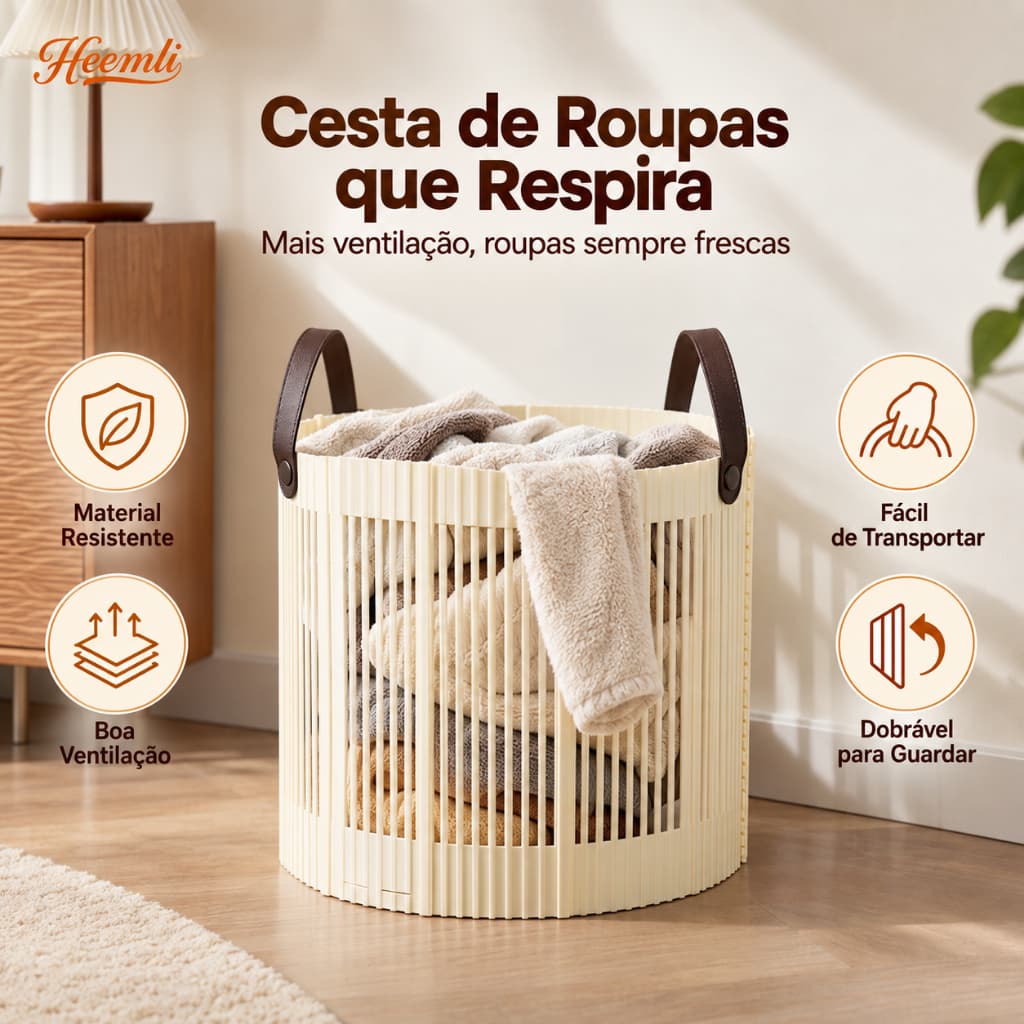 Heemli Cesta de Roupa Suja Dobrável em PP, Cesto Organizador Ventilado com Alças, Multiuso para Lavanderia e Banheiro