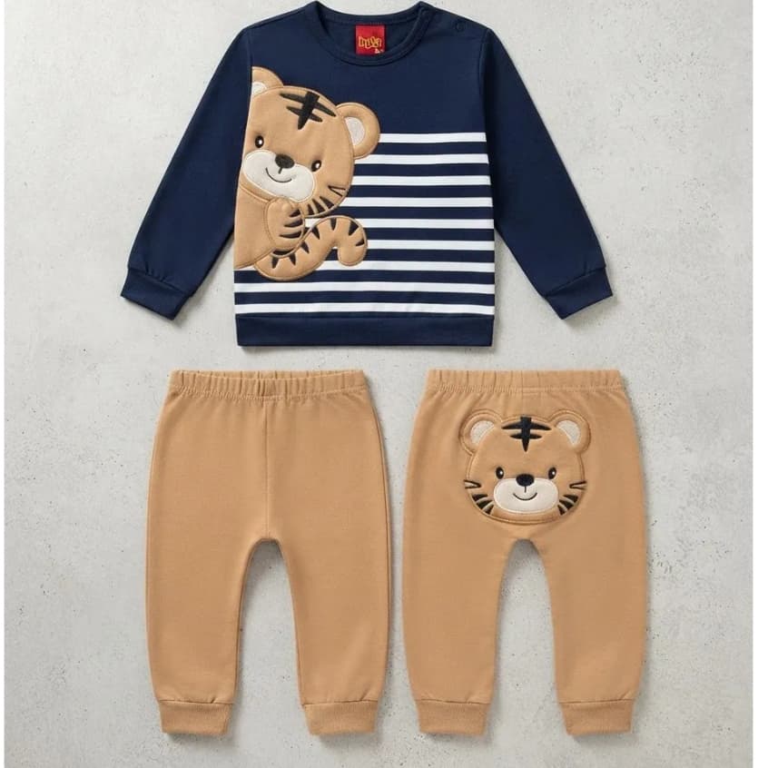 Conjunto Masculino Tigre Bebê, Azul Marinho com Bege KYLY / Conjunto Moletom Infantil