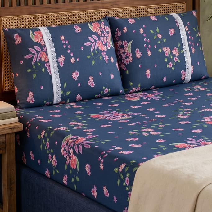 Jogo de Cama Casal King Estampado 3 Peças em Malha 100% Algodão Lençol com Elástico e 2 Fronhas com Zíper Enxoval King