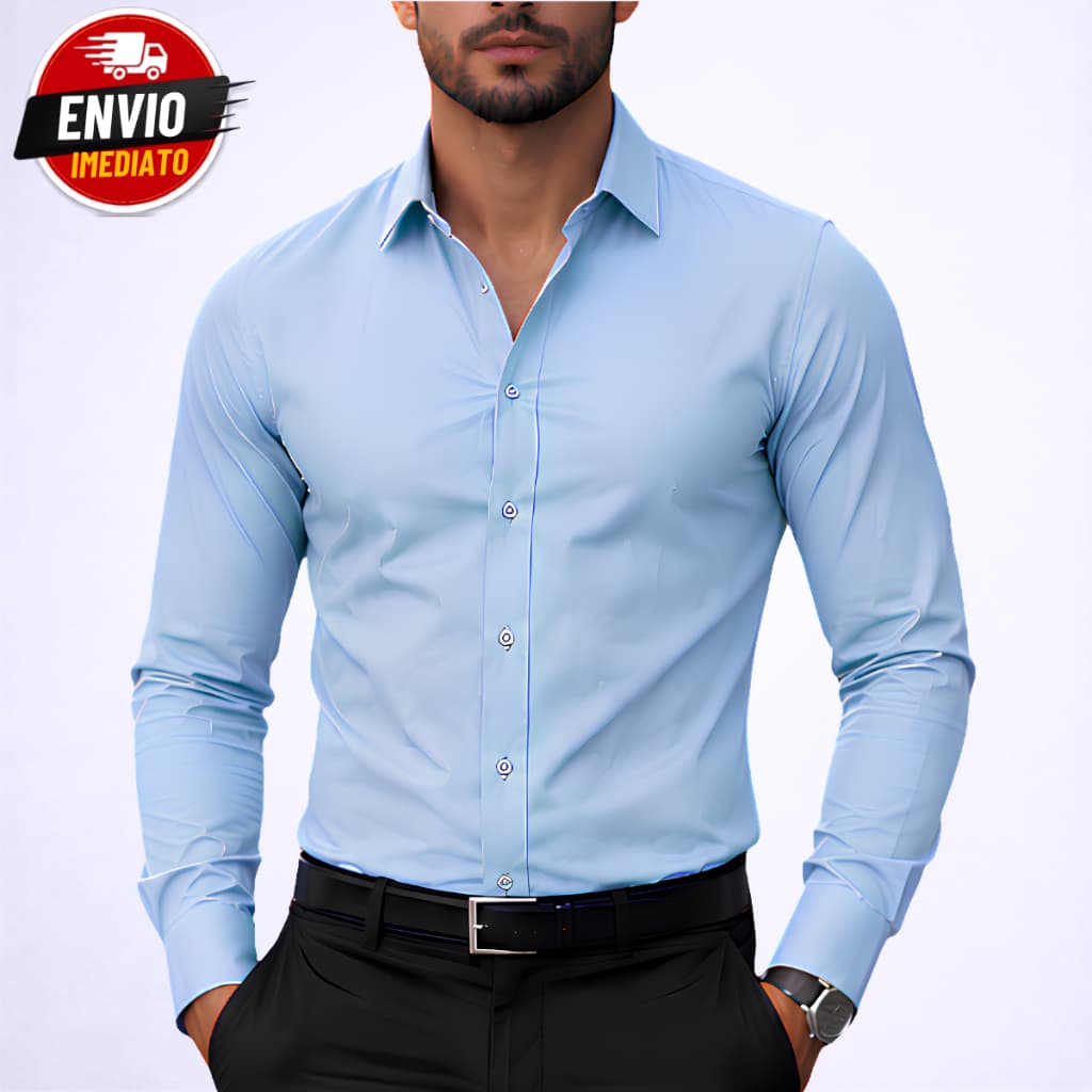 Camisa Masculina Social Manga Longa Azul Claro Slim PROMOÇÃO