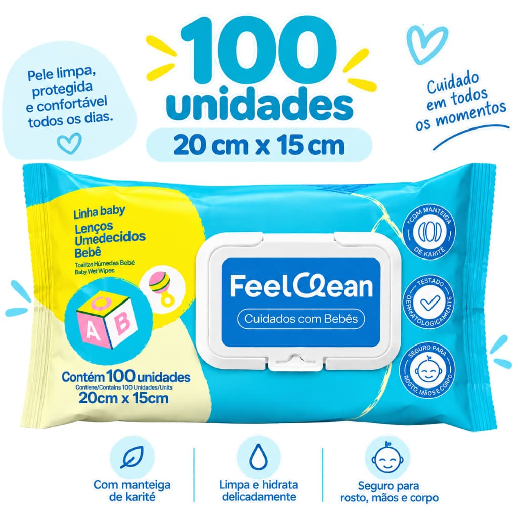 Lenços Umedecidos Bebê FeelClean 100 Unidades 20x15cm