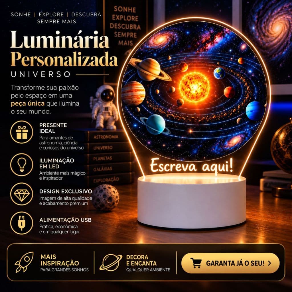 Luminária LED Sistema Solar Planetas Universo  Abajur de Mesa UV Personalizada com Nome Decoração Presente