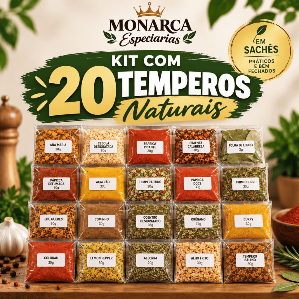 Kit 20 Temperos e Especiarias para Cozinha | Temperos Naturais em Sachês | Páprica, Chimichurri, Lemon Pepper e Mais