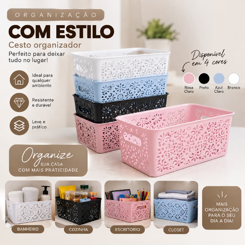 Cesto Organizador Multiuso 3,5L Plástico 23x17x10,5cm para Banheiro Cozinha Lavanderia Quarto